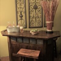 60-inch-Bar-with-Slate-Accents-Saddle-Seat-Barstool 1