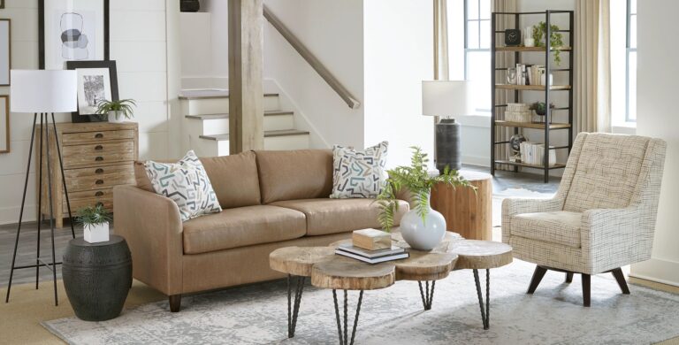 Tan Leather Sofa and Swivel Chair