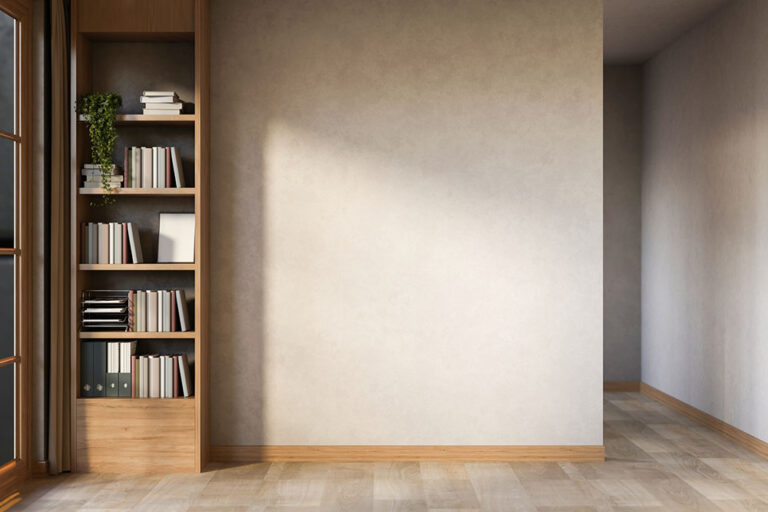 Wooden bookshelf with book and folder in front of empty wall on parquet floor room aside a corridor. Copy space, 3D Rendering 3D Illustration.