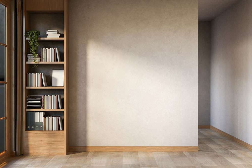 Wooden bookshelf with book and folder in front of empty wall on parquet floor room aside a corridor. Copy space, 3D Rendering 3D Illustration.