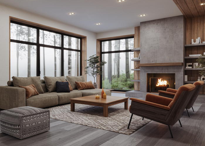 Sectional sofa arranged in a modern living room to show proper sofa size, scale, and furniture placement